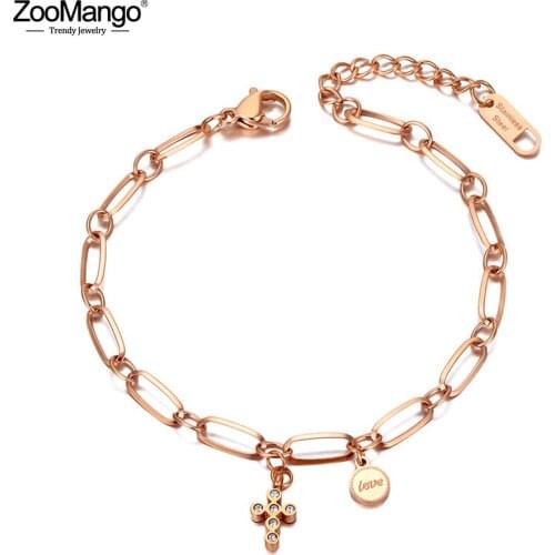 ZooMango Fashion 316L Stainless Steel Cross & Love Charm Bracelets For Women Bohemia CZ Crystal Party Bracelet pulseras ZB20164