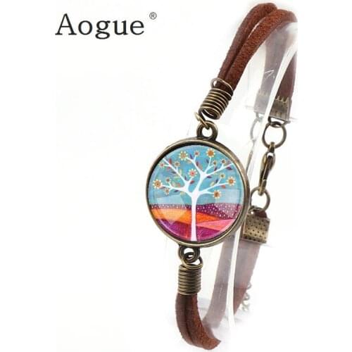 Lucky Brown Artificial Leather Tree of Life Bracelet Rock Biker Bracelets Dome Round Glass Cabochon