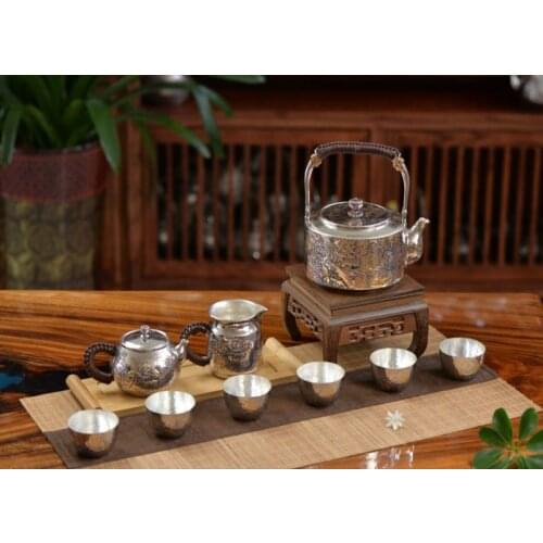 Silver pot 999 sterling silver handmade tea set Japanese retro teapot kettle home tea ceremony Kungfu tea set 800ml