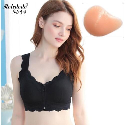 Black Mastectomy Bra Cotton Underwear Gathered Sexy Front zipper Bra 3XL can Insert Spiral Silicone Fake Breast Forms Prosthesis