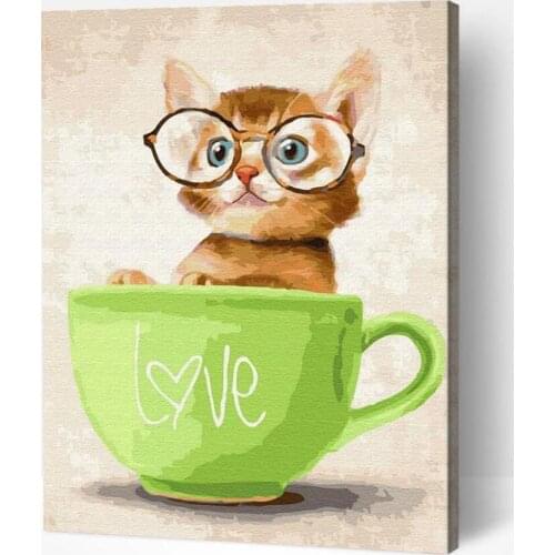 DIY Painting By Numbers Cat in Cup Children Kit Oil Coloring By Number Wall Art Picture Canvas Paintings Home Decoration Gift