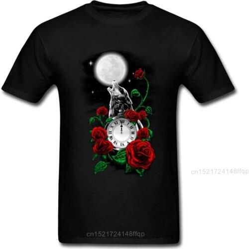 Midnight Howl Tshirt Men Wolf T-shirt Moon Red Rose Print T Shirts Short Sleeve Tops Tees 3D Cotton Clothing Drop Shipping