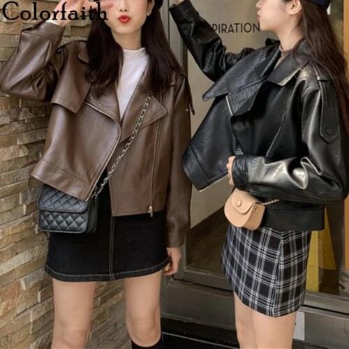 Colorfaith New 2021 Spring Winter Womens Leather Jackets Outerwear Zipper Korean Style Oversize Faux Leather Short Tops JK743