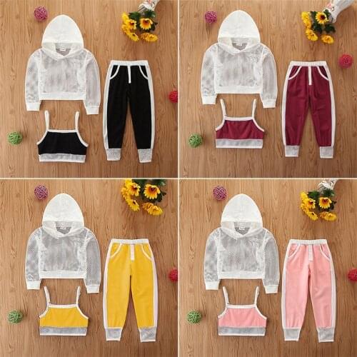 Fashion Toddler Girl Clothes Sets 3Pcs Children Clothing Kids Casual Outfits Mesh Long Sleeve Sweater+Vest+Sports Pants Set