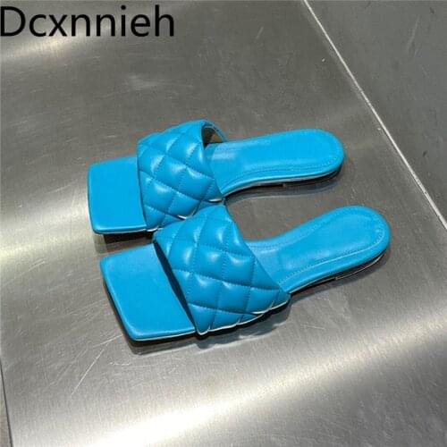 Blue High Quality Women Slippers Rhombus Leather Mules Beach Shoes Square Toe Summer Runway Shoes Woman Candy Color Flat Sandals