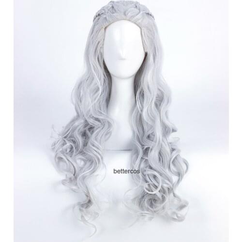 Daenerys Targaryen Cosplay Wigs Long Wavy Silver Grey Heat Resistant Synthetic Hair Wig + Wig Cap