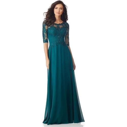 2020 New Gorgeous Teal Full Length Lace Mother of the Bride Dresses With Half Sleeve Mother of the Groom Gowns Beaded