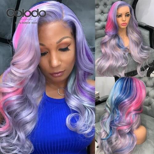 Purple Rainbow Highlight Wig Glueless Transparent Lace Wigs Pre Plucked 13x4 Lace Front Human Hair Wigs with Baby Hair COLODO