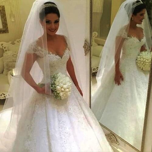 Luxury Dubai Arabic Beads Crystal White Wedding Dresses for Women 2021 plus size Tull Satin Bridal Gowns