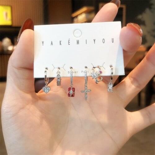 Fashion Cubic Zircon Geometric Cross Small Hoop Earrings 6 Pcs Set Simple Exquisite Korean Earrings For Women Jewelry