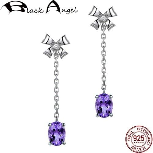 BLACK ANGEL Fashion Oval Amethyst Gemstones Earrings 925 Sterling Silver Bowknot Shaped Drop Earrings For Women Wedding Gifts