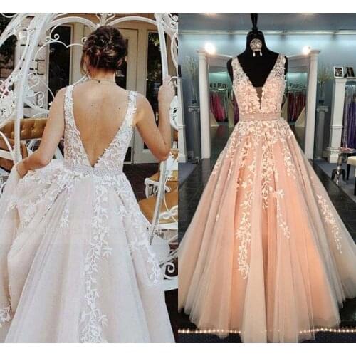 Chic Beautiful Prom Dresses Long A-line V neck Applique Pageant Evening Gowns Beading Sash Peach Formal Dress vestidos de noiva