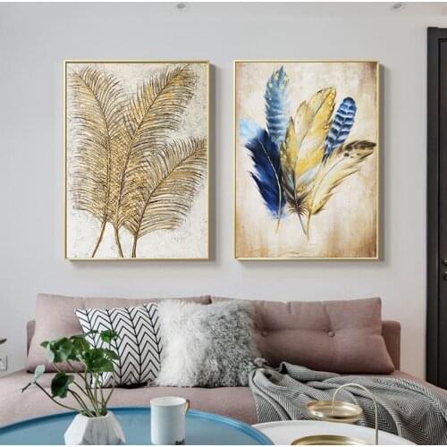 Nordic Decor Feathers 5d diy diamond Painting Wall Art diamond embroidery Golden Wall Picture for Living Room DecorationZP-2592