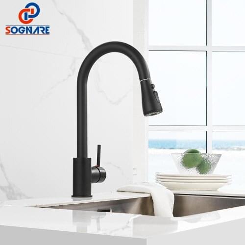 SOGNARE Black Oil Rubbed Kitchen Faucets Pull Out Kitchen Sink Faucet Solid Brass Mixer Single Handle Water Mixer Tap Cold Hot