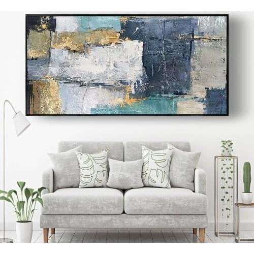 Modern living room decoration painting hand-painted oil painting abstract gray texture blue gold canvas painting porch wall art