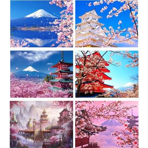 Ancient Building Scenery Cherry Blossom DIY Diamond Painting Cross Stitch Embroidery Diamond Mosaic Art Living Home Room Decor