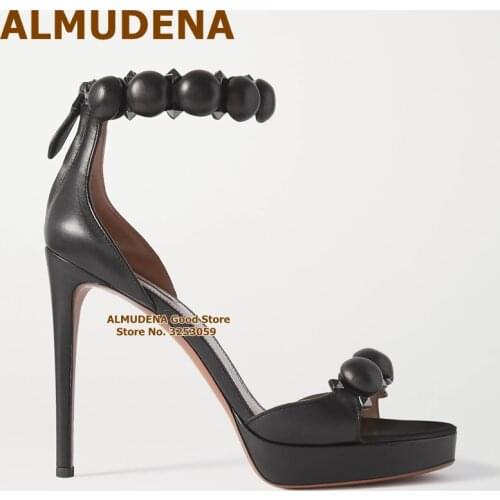 ALMUDENA Black Matte Leather Bombe Shoes Stiletto Heels Platform Studded Sandals Elegant Button Summer Dress Shoes Size47 Pumps