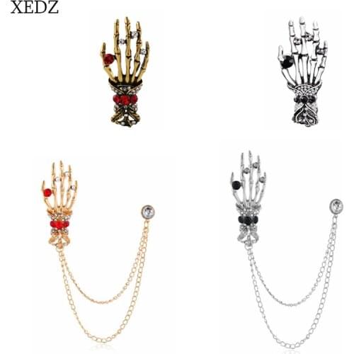 XEDZ New gold skeleton finger arm brooch fashion horror chain zombie hand badge denim clothes pendant jewelry gift