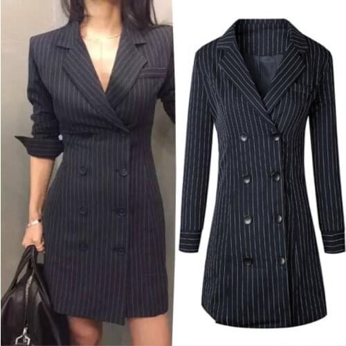 Jacket Women 2019 Autumn Womens New Style Small Suit Stripe Double Breasted OL Commuter Suit Slim Fitted Jacket