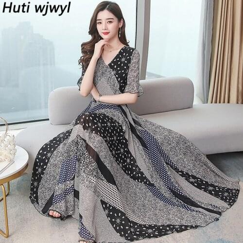 Summer Vintage Print Midi Dress 2021 High Quality Boho Chiffon Beach Vacation Sundress Women Elegant Bodycon Party Maxi Vestidos