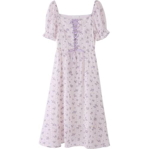 Vintage Kawaii Floral Midi Dress Women Elegant Sweet Print Short Sleeve Dresses Romantic Bandage Dresses Summer 2021
