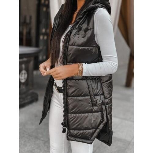 Winter Womens Shiny Long Vest Coat Solid Hooded Sleeveless Zipper Jacket Plus Size Warm Thick Casual Parka Outwear Fashion 2021