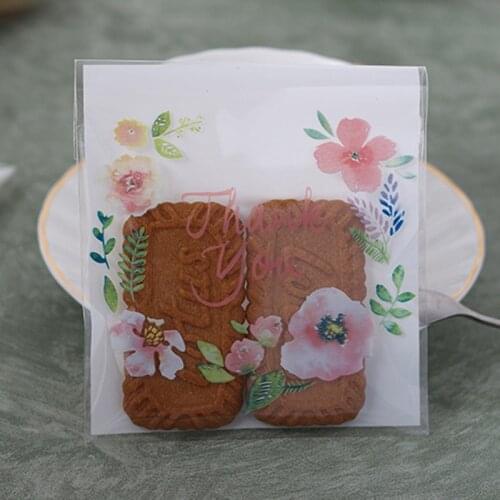 100pcs Flower Thank You Candy Transparent Cookie Bag Plastic Packaging Self Adhesive Gift Packaging Bags OPP Party Favors