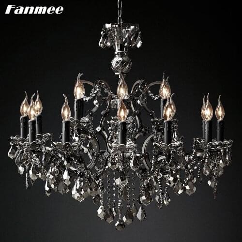 Retro Smoky Crystal Chandelier Light LED Traditional Candlestick Black Arms Indoor Hanging Lamp Art Deco Living Room Bedroom