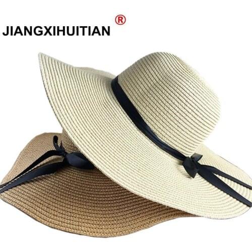 Summer Hats For Women Chapeau Femme Sun Hat Beach Panama Straw Hat Large Wide Brim Black Ribbon Bow Visor Bone Female Cap