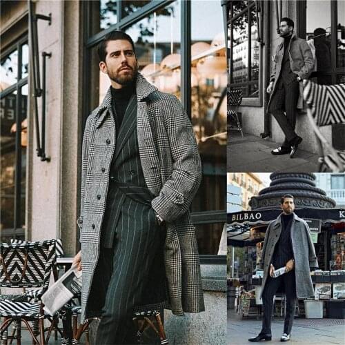 2021 Designer Woolen Coat Mens Casual Fashion Winter Overcoat Wool Jacket Korean Houndstooth Gentleman Wedding Tuxedos