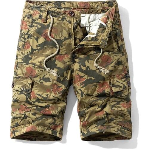 2021 New Summer Cargo Shorts Flower Print Elastic Waist Shorts Men 100% Cotton Jogger Loose Men Shorts Printing Cargo Shorts Men