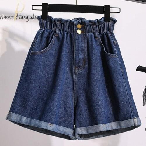 2021 Elastic Waist Casual Summer High Waist Denim Shorts Loose Ladies Fashion Roll Up Hem Jeans Female Plus Size Women S-5XL