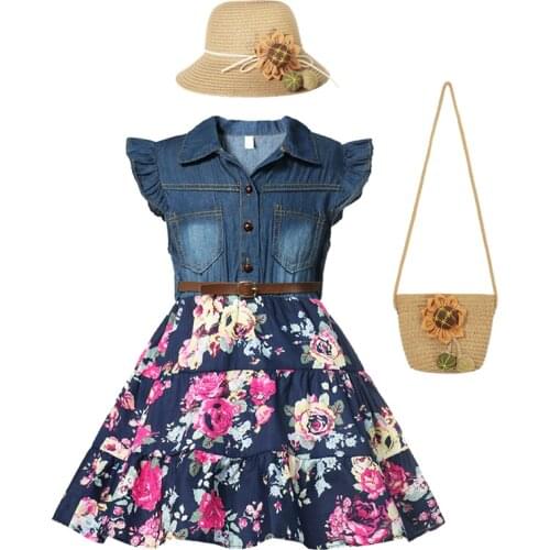 New Sundress Girls Cowboy Jean Denim Bow Floral Dress Summer Clothing Elegant Princess Party Clothes Children Fashion Outfit
