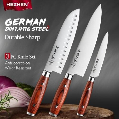 HEZHEN 1-3PC Knife Set Chef Santoku Utility Stainless Steel Pakka Wood Handle Sharp Cook Knives Tools Beautiful Gift Box