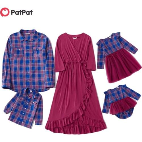 PatPat New Autumn and Spring Mosaic 100% Cotton Family Matching Sets(Solid Tank Dresses-Plaid Button Front Shirts-Rompers)