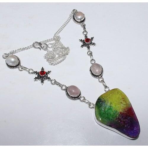 Multi Solar Quarts & Rose Quarts Necklace Silver Overlay over Copper, 53cm, N1619