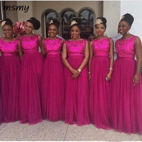 New Elegant Fuchsia South African Tulle Floor Length Bridesmad Dresses Crew Neck Long Formal Party Prom Evening Dresses