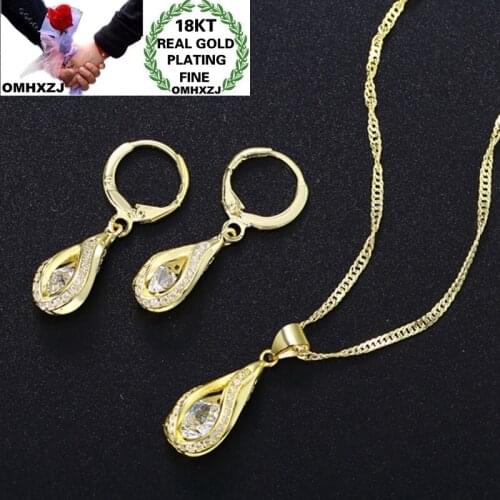 OMHXZJ Wholesale SE59 European Woman Girl Birthday Wedding Gift Water Drop Zircon 18KT White Gold Necklace+Earrings Jewelry Set