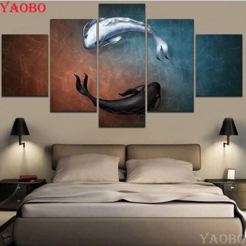 Full square round 5d diy diamond painting Yin and yang fish cross-stitch diamond embroidery 5 Pcs mosaic For Bedside Background