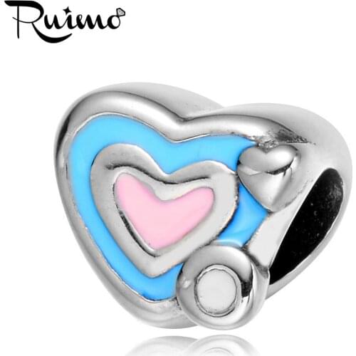 RUIMO 316l Stainless Steel Enamel Blue & Pink Heart Pan Style Large Hole Spacer Beads Charms For Bracelet Jewelry Making