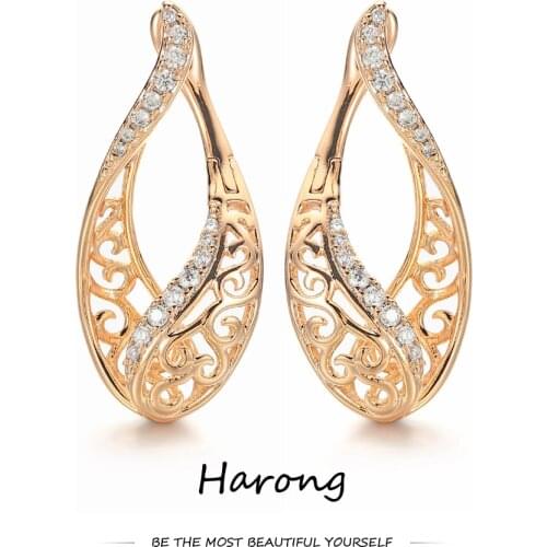 Russian Style Drop-shaped Hollow Earring Zircon Crystal Rhinestone Gold Color Exquisite Pattern Stud Earrings For Woman Jewelry