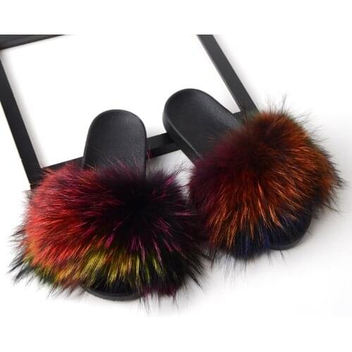 Full Fur Slippers Summer Women Raccoon Fur Sandals Female Real Fox Slides Ladies Flats Shoes Fluffy Flip Flops Outside Wholesale