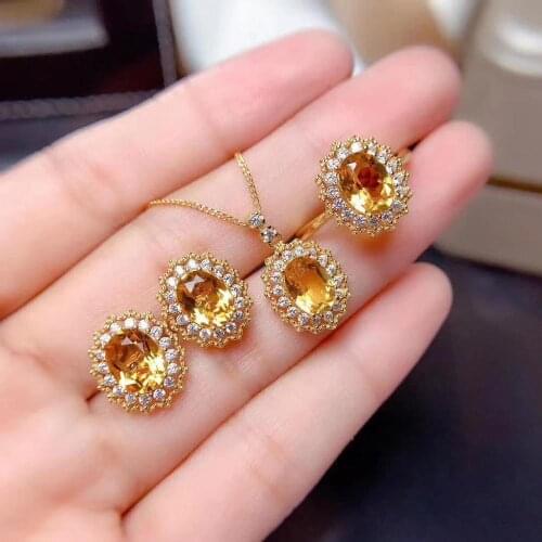 Super Good Color Natural Real Citrine Set 925 Sterling Silver 1pc Citrine Ring,2pcs Citrine Earring,1pc Citrine Pendant