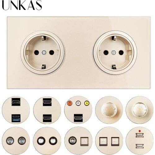 UNKAS Dual EU Gold Glass Panel Socket + HDMI-Compatible USB TV RJ11 Telephone RJ45 Computer Dimmer Fan Regulator 172MM Switch