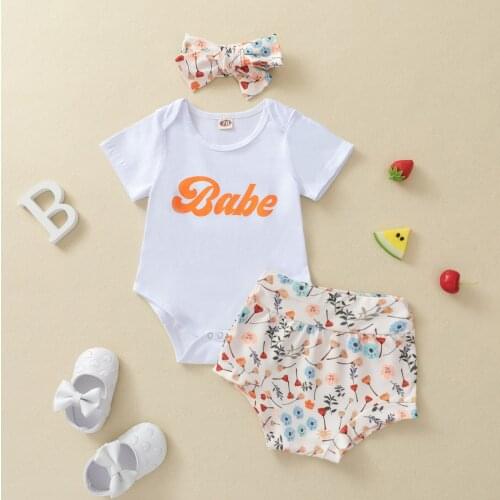 3Pcs Clothes Summer Toddler Baby Girls Outwear Kids Short Sleeve Romper + Shorts + Headband Newborn Infant Cotton Clothing