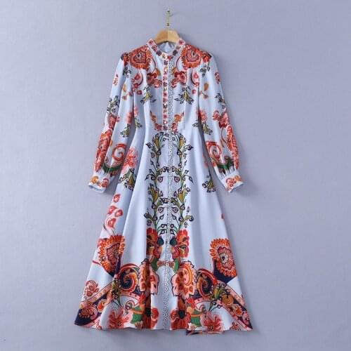 Womens American European and clothing new 2021 spring Vintage print long-sleeved stand collar Fashion dress