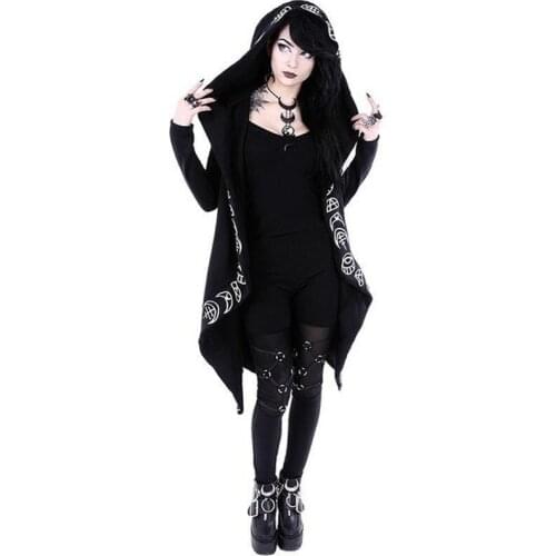 Gothic Punk Style Moon Print Long-sleeved Hooded Hoodies Women Sweatshirts Long Section Female Streetwear