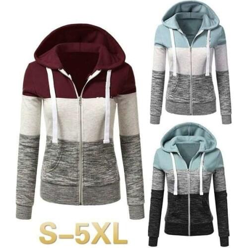 Women Colorblock Hoodies Autumn Casual Drawstring Zip Up Sweatshirt Fashion Patchwork Hooded Sport Female Hoodie Jacket Tops