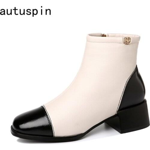 Autuspin Ankle Boots Mixed Colors Fashion Women Cow Leather Side Zip Chelsea Boots for Office Lady Thick Low Heels Shoes Woman