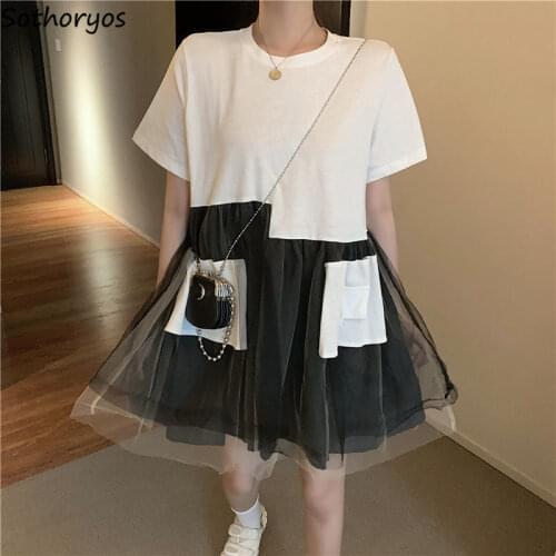 Women Short Sleeve Dresses Patchwork Ruffles Mesh Pockets Fashion Chic Streetwear Loose Leisure Empire Designed Ulzzang M-3XL